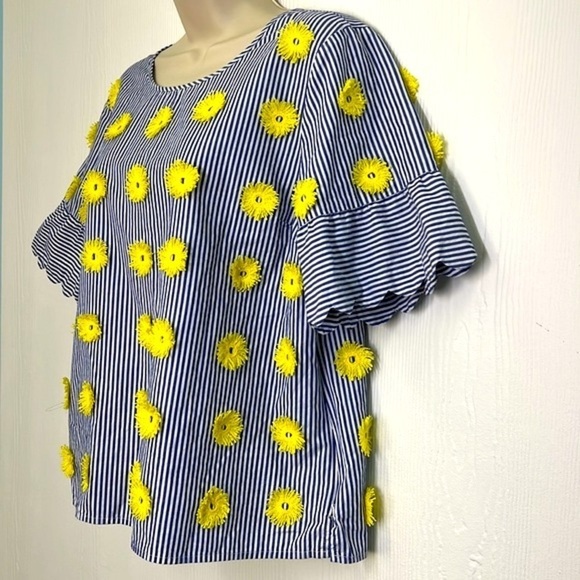 Talbots - Blue Stripe W/ Yellow Appliqués Short Sleeve Blouse Size Large Petite - Picture 6 of 12